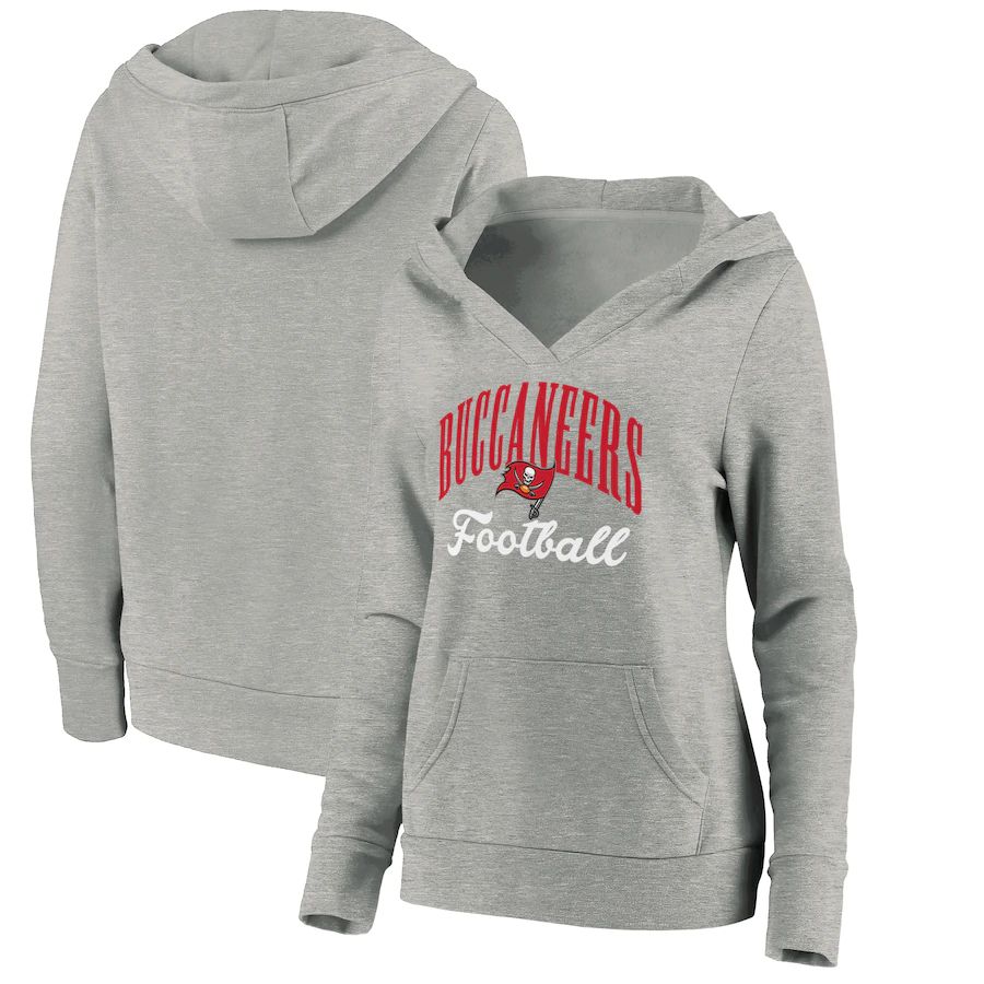 Women Tampa Bay Buccaneers Fanatics Branded Heathered Gray Victory Script V-Neck Pullover Hoodie->women nfl jersey->Women Jersey